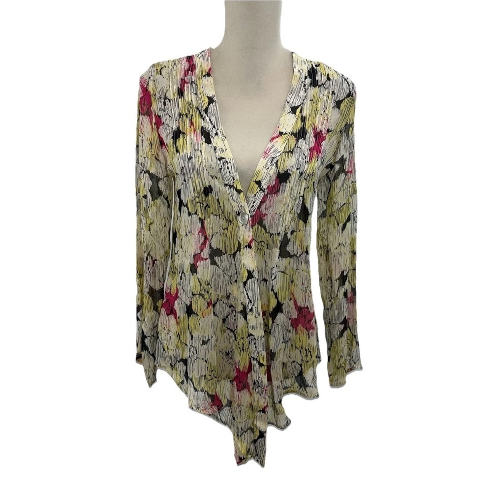 Chicos Floral Sheer Silk Cascading Cardigan Blouse Womens Medium Long Sleeve